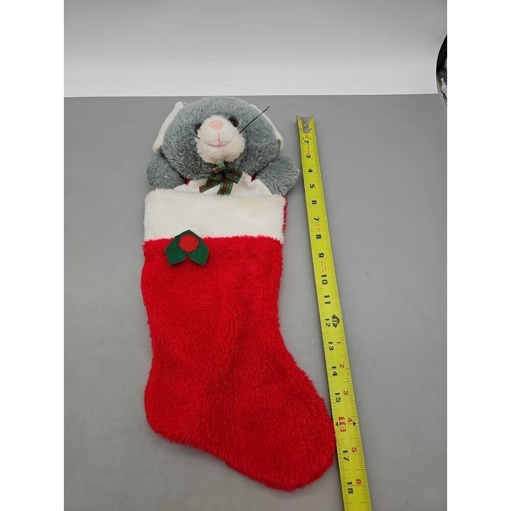 Vtg. Christmas Stocking 18"‎ Mouse Plush Pouch Gray/Red Hang Tag